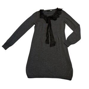 Love Moschino Grey Wool Sweater Dress Lace Ruffle Trim Stretch Size 6 Women's
